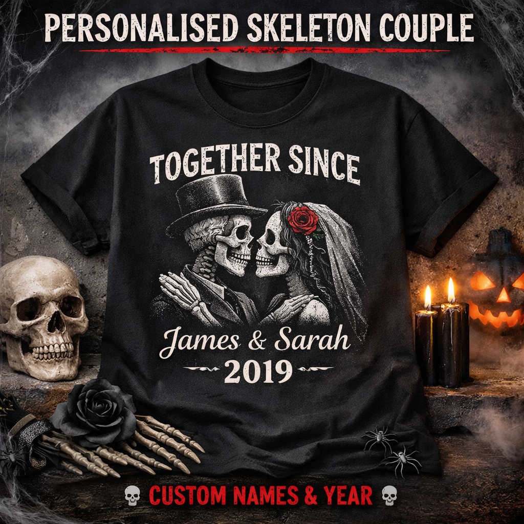 Personalised skeleton couple t-shirt with custom names and year, together since design on black tee