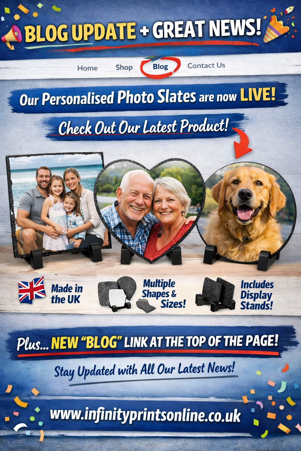 New personalised photo slate product launch on InfinityPrintsOnline.co.uk with blog link in main menu