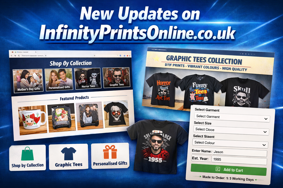 “New updates banner for InfinityPrintsOnline.co.uk showing shop by collection, graphic tees, and personalised gifts.