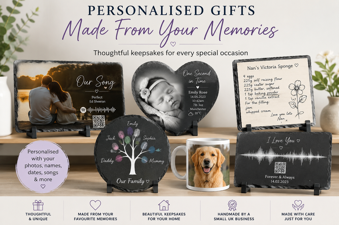 Personalised gift collection featuring photo slates, a heart-shaped baby keepsake, handwritten recipe slate, family fingerprint tree, sound wave QR code slate and photo mug.