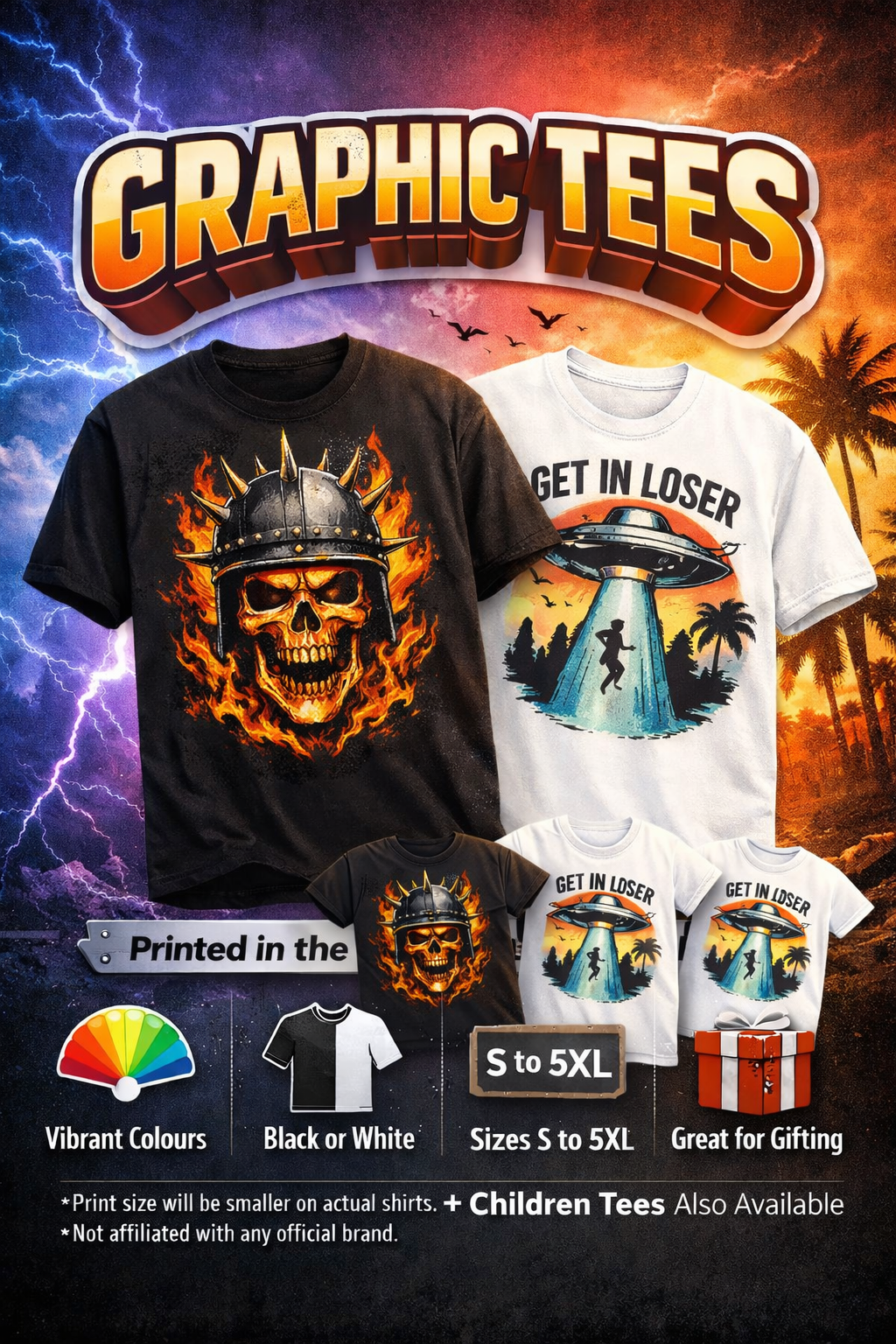 Graphic tees collection banner showing printed UK graphic t-shirts in black and white, sizes S-5XL with children’s tees available