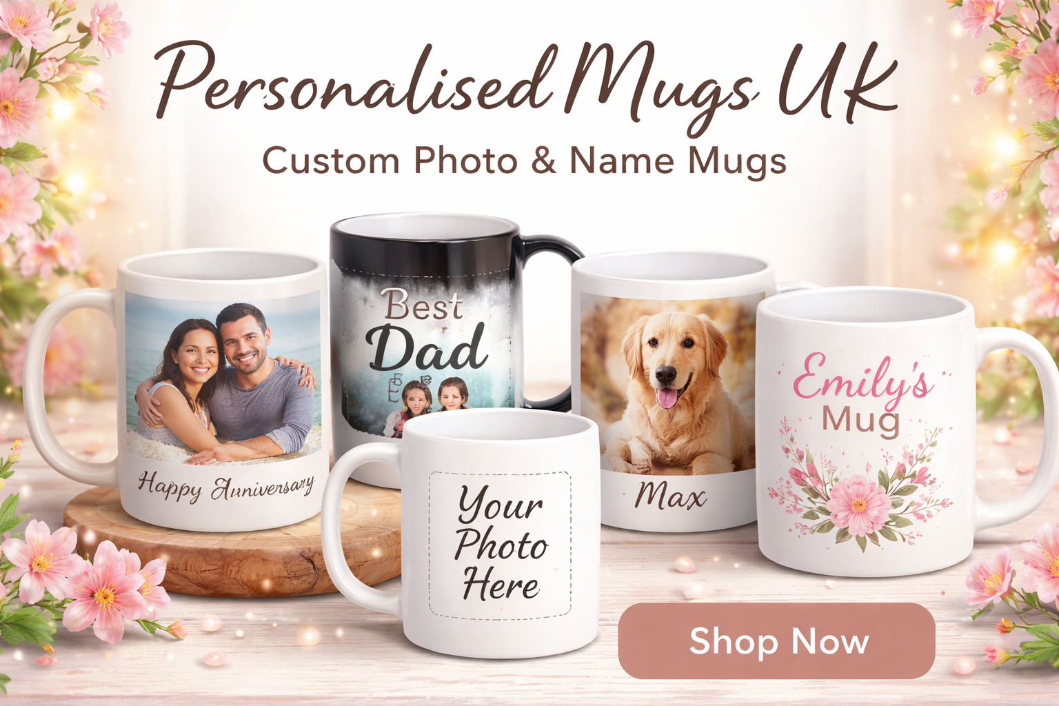 Personalised mugs UK collection banner with custom photo mugs, name mugs and personalised gift mug designs