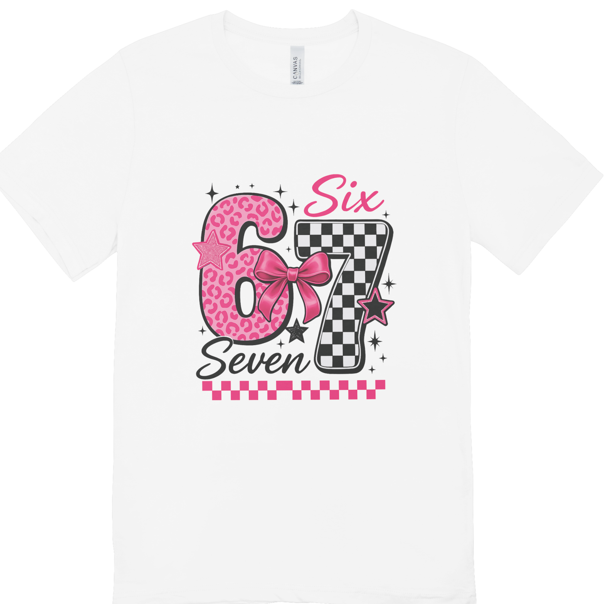 Kids Pink 67 Leopard Check T-Shirt on white t-shirt