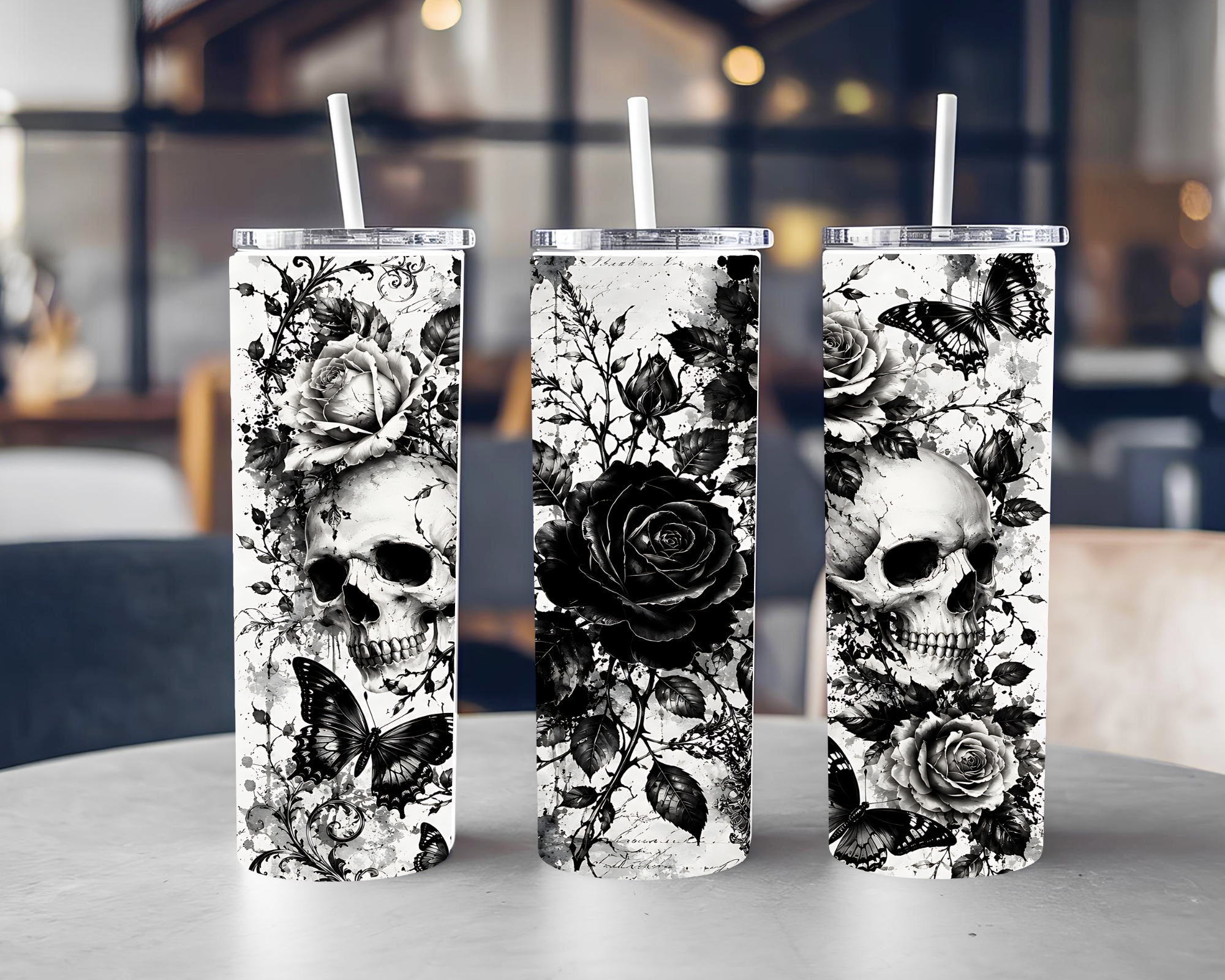 Gothic Skull Rose & Butterfly 20oz Tumbler with Straw