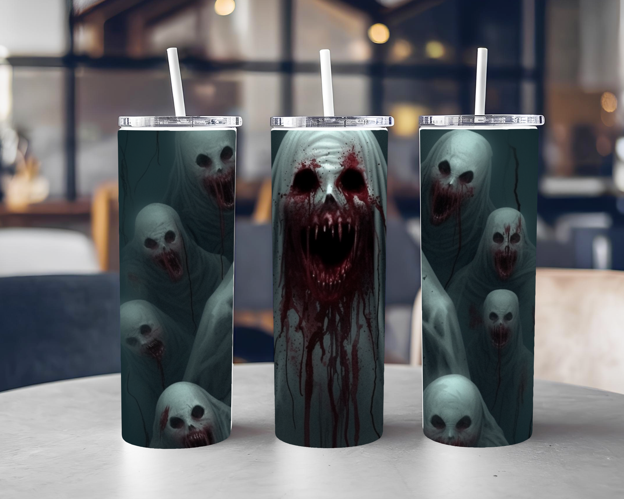 Horror Ghost 20oz Skinny Tumbler with Straw – Scary Halloween Travel Cup