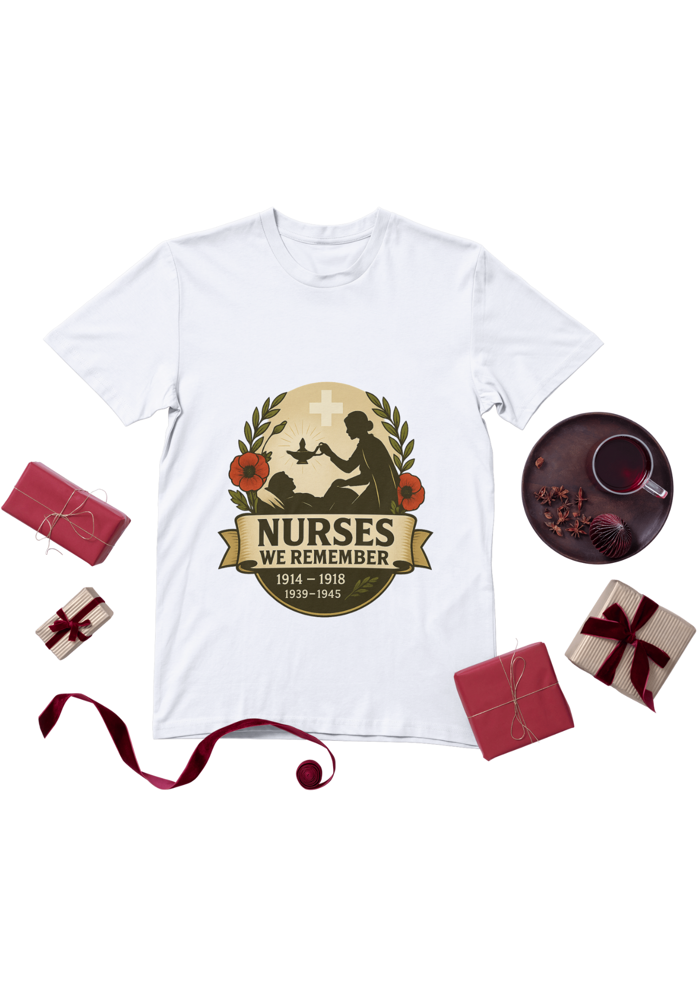 White t-shirt flatlay with Nurses We Remember poppy remembrance design
