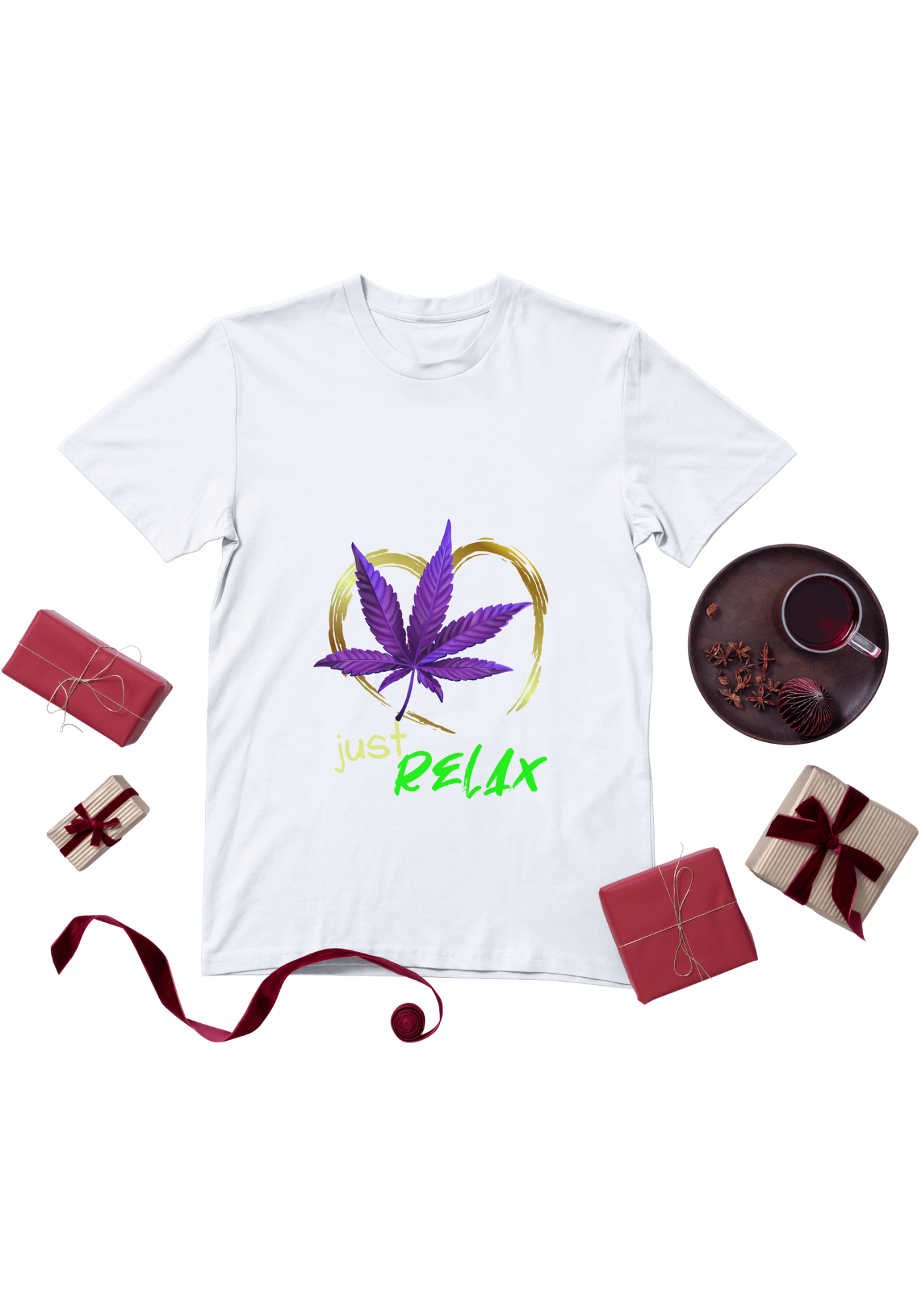 White t-shirt mockup with Just Relax purple leaf heart graphic