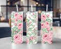 Pink Floral Rose 20oz Skinny Tumbler | Stainless Steel | Lid & Straw Included