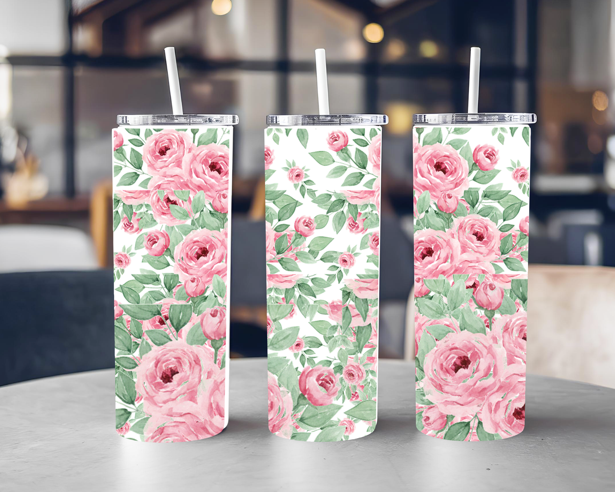 Pink Floral Rose 20oz Skinny Tumbler | Stainless Steel | Lid & Straw Included