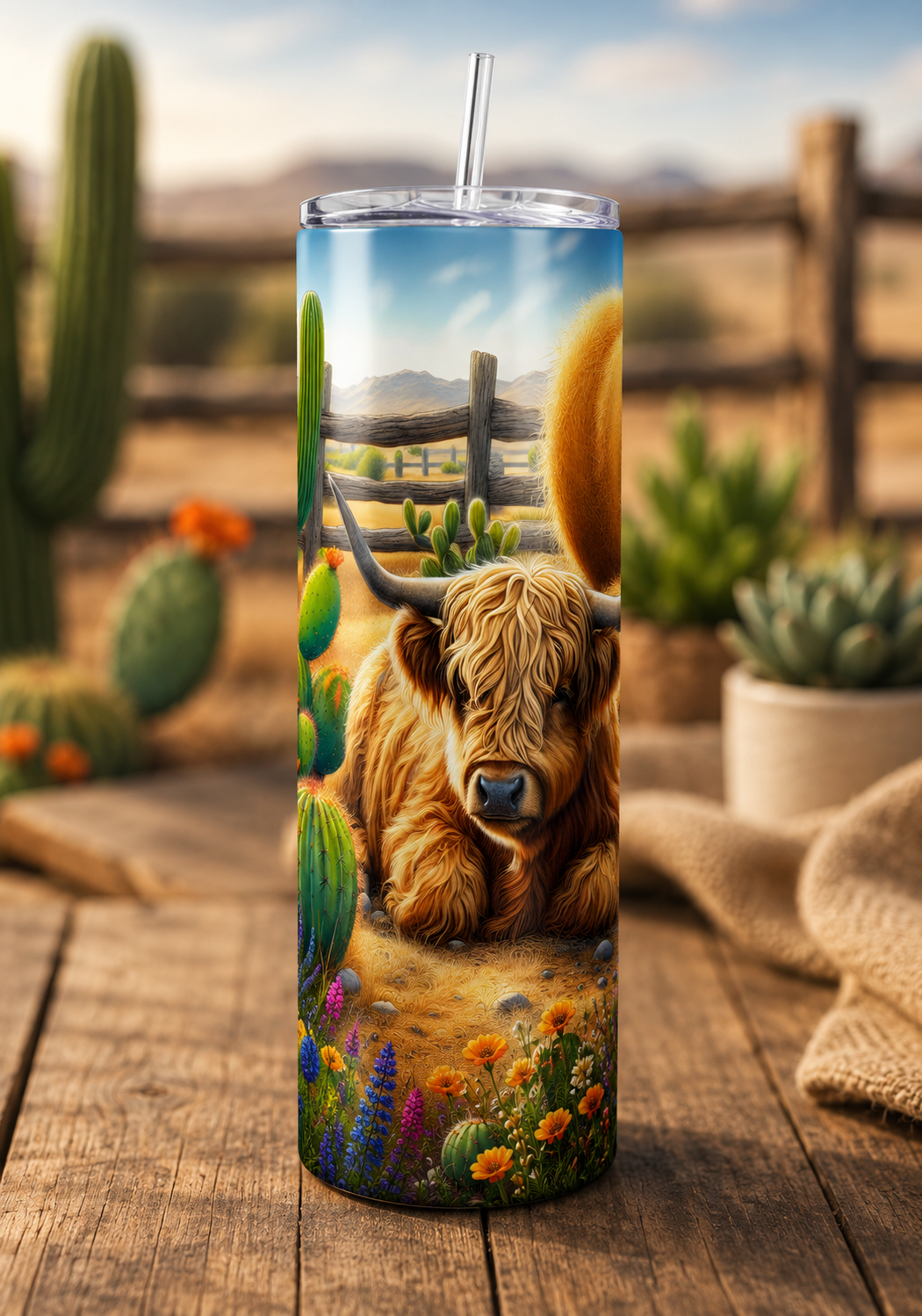 Highland Cow Cactus 20oz Skinny Tumbler with Straw