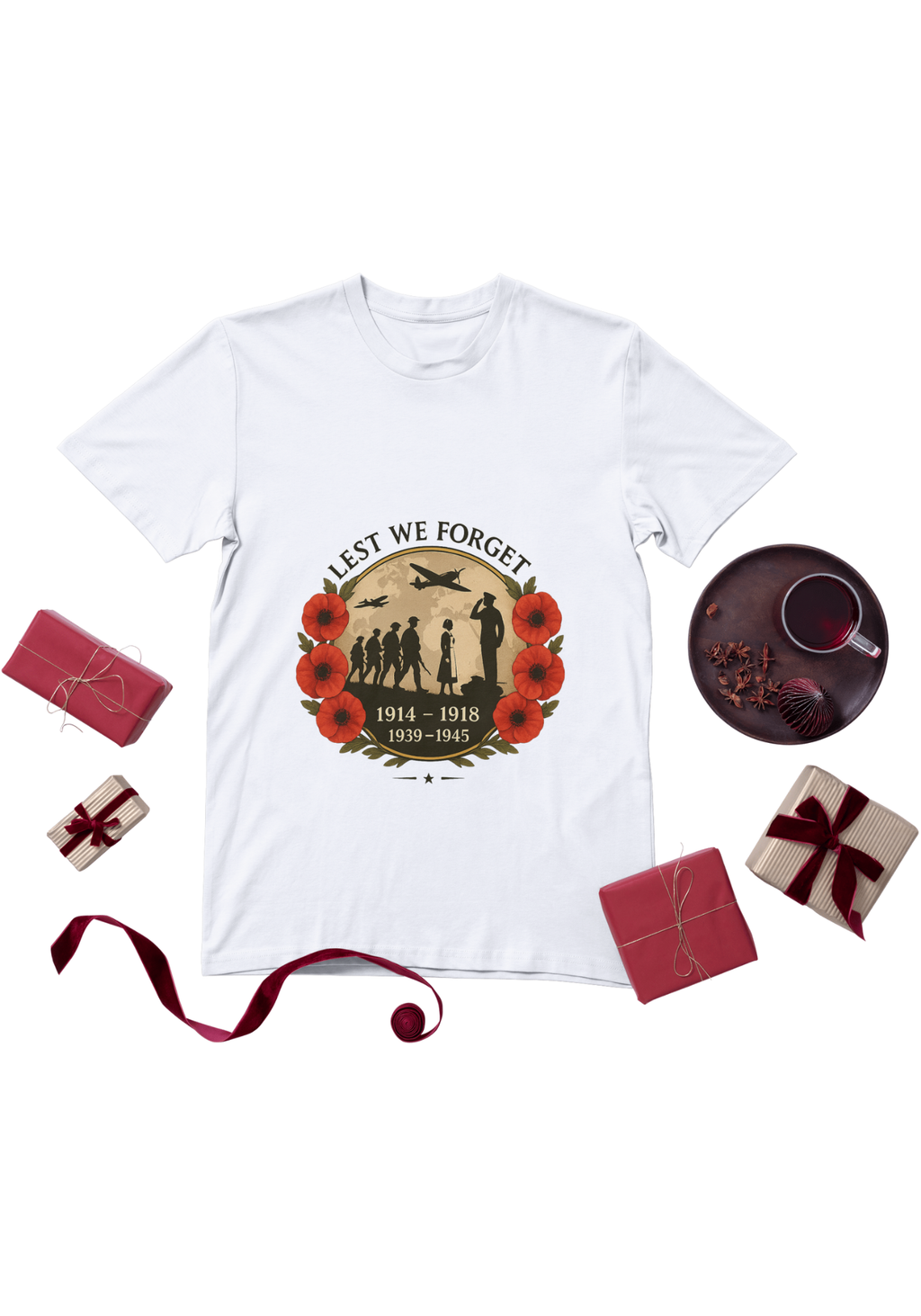 Flat lay white T-shirt with Lest We Forget poppy remembrance design