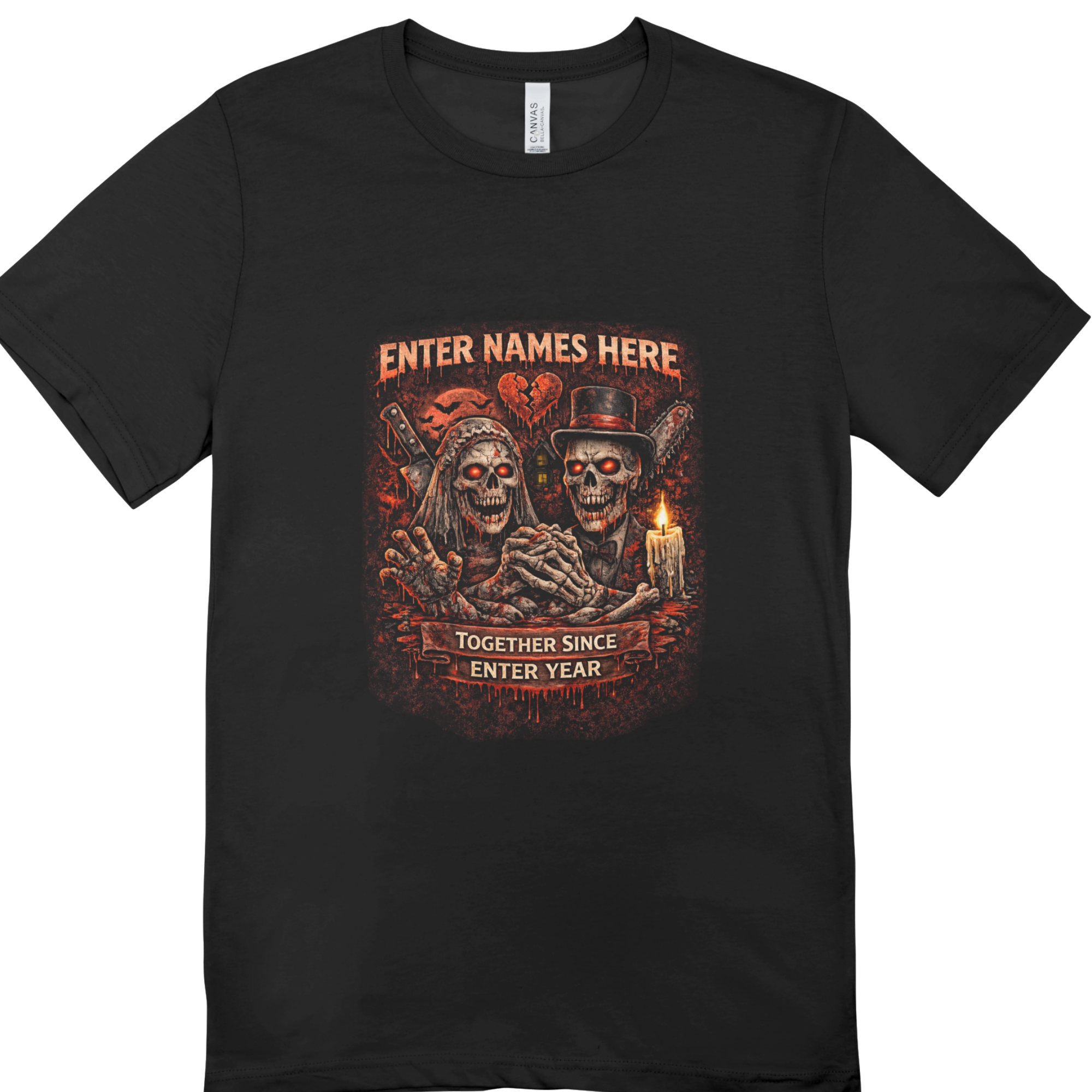 Personalised skeleton couple t-shirt with custom names and year – front view