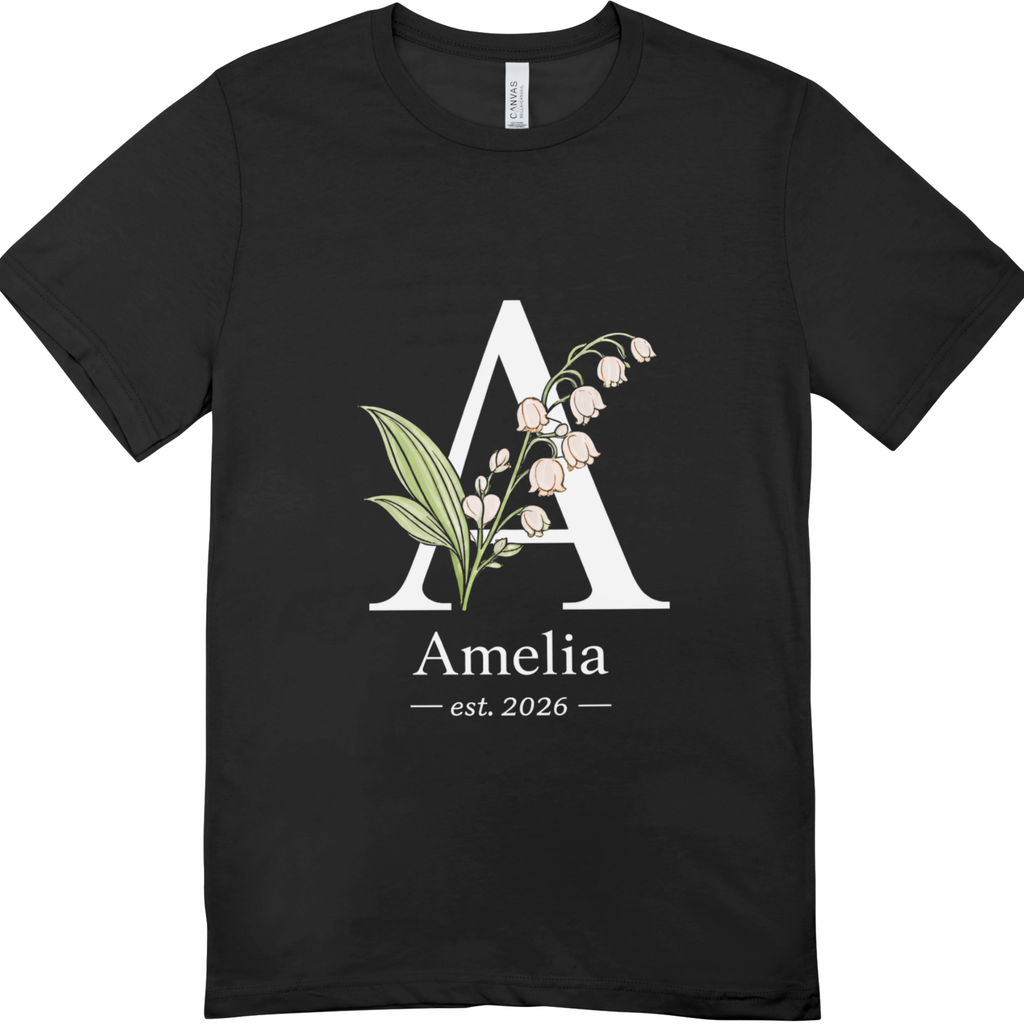 Black t-shirt personalised floral initial name est year design mockup
