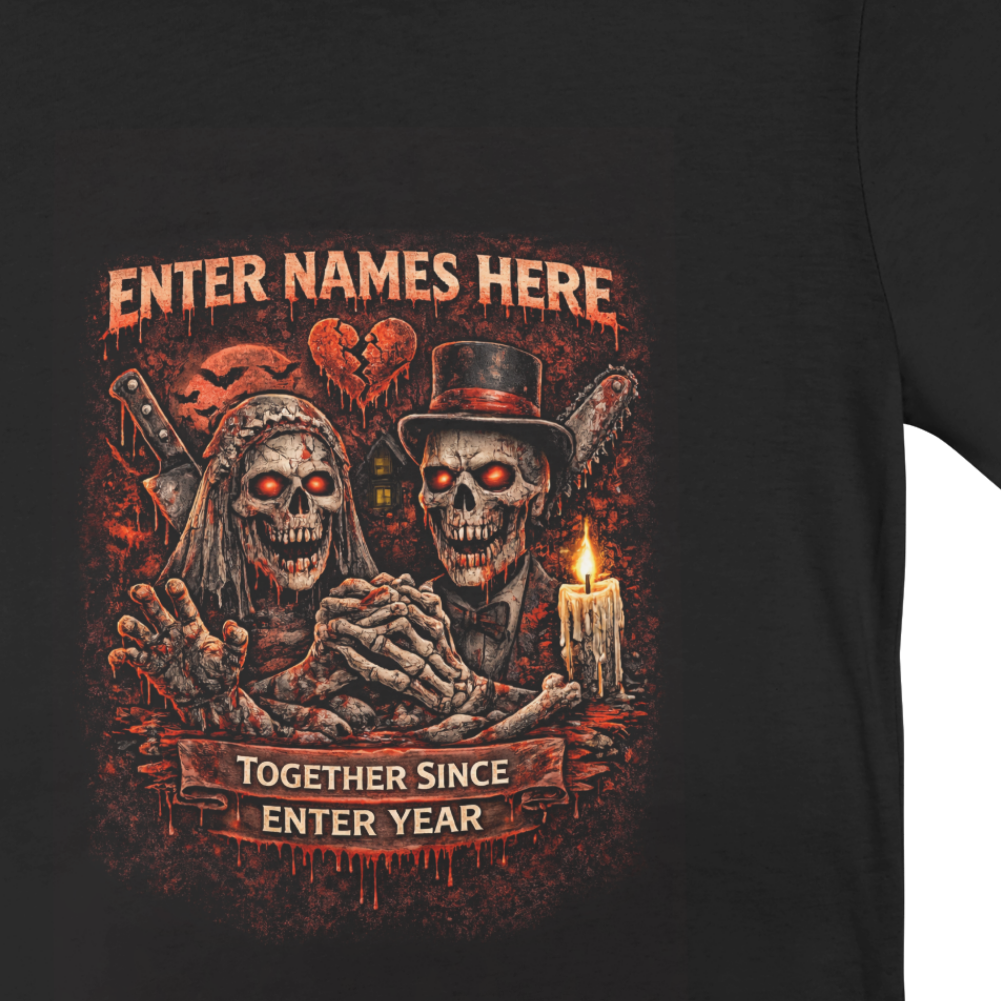 Close-up of personalised skeleton couple design showing names and year