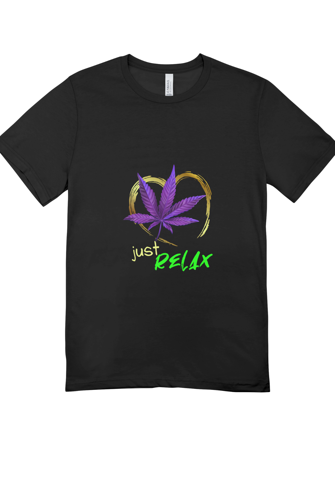Black t-shirt mockup with Just Relax purple leaf heart graphic (front)
