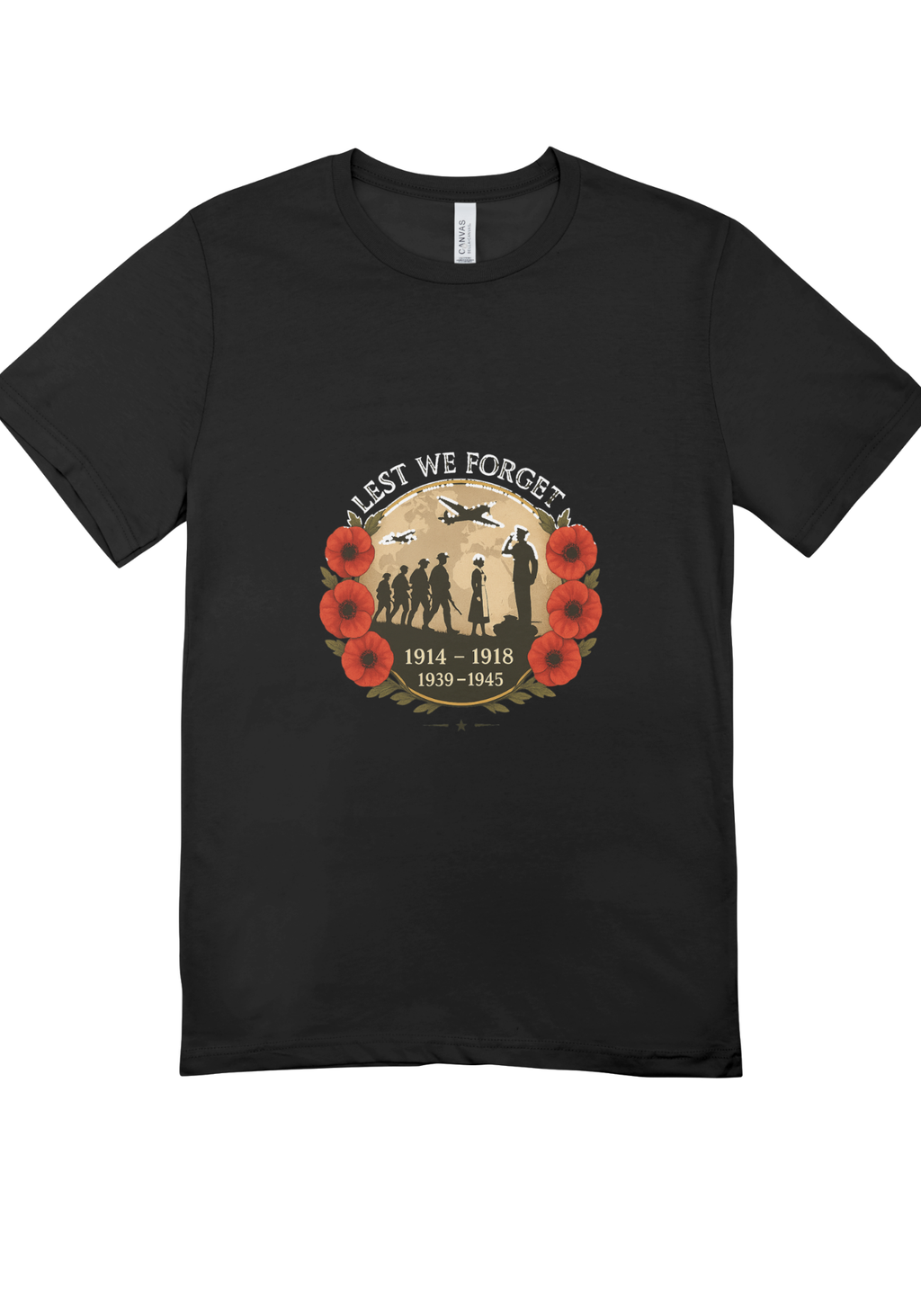 Black T-shirt front view with Lest We Forget poppy remembrance graphic