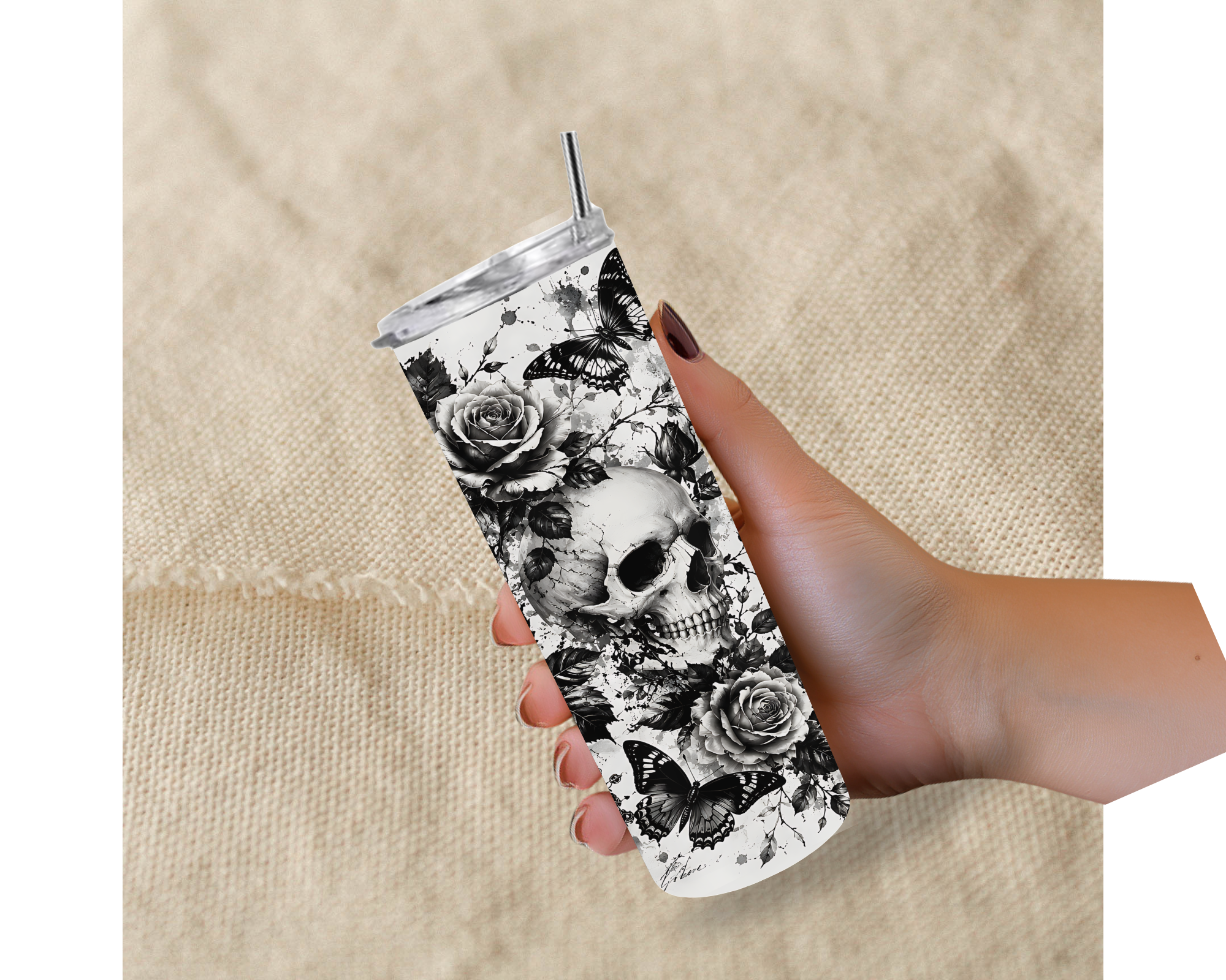 Gothic Skull Rose & Butterfly 20oz Tumbler with Straw