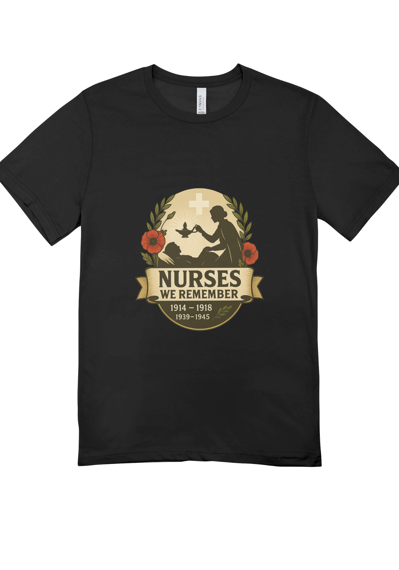 Black t-shirt front view Nurses We Remember WW1 WW2 remembrance design