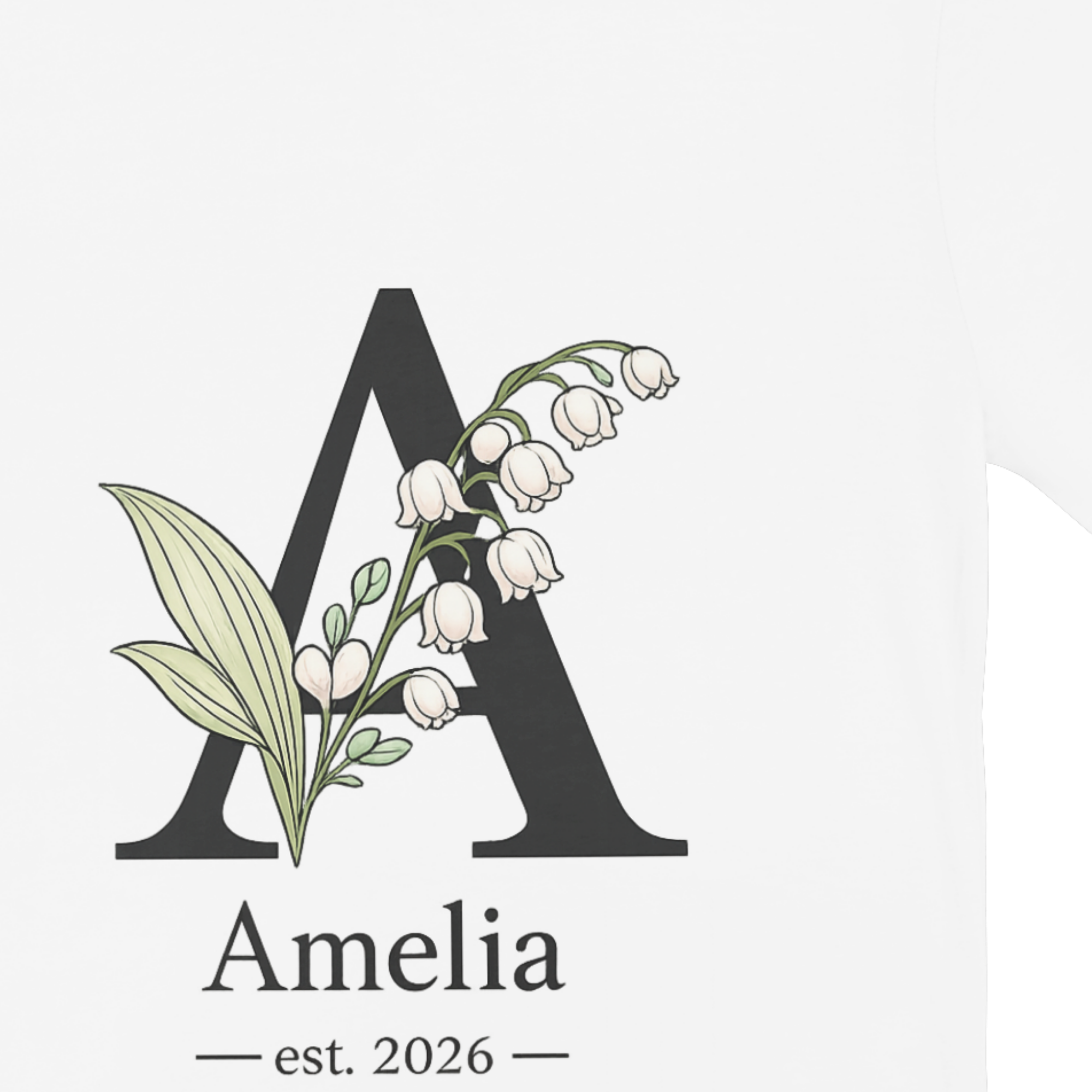 White t-shirt close-up personalised floral initial and name print