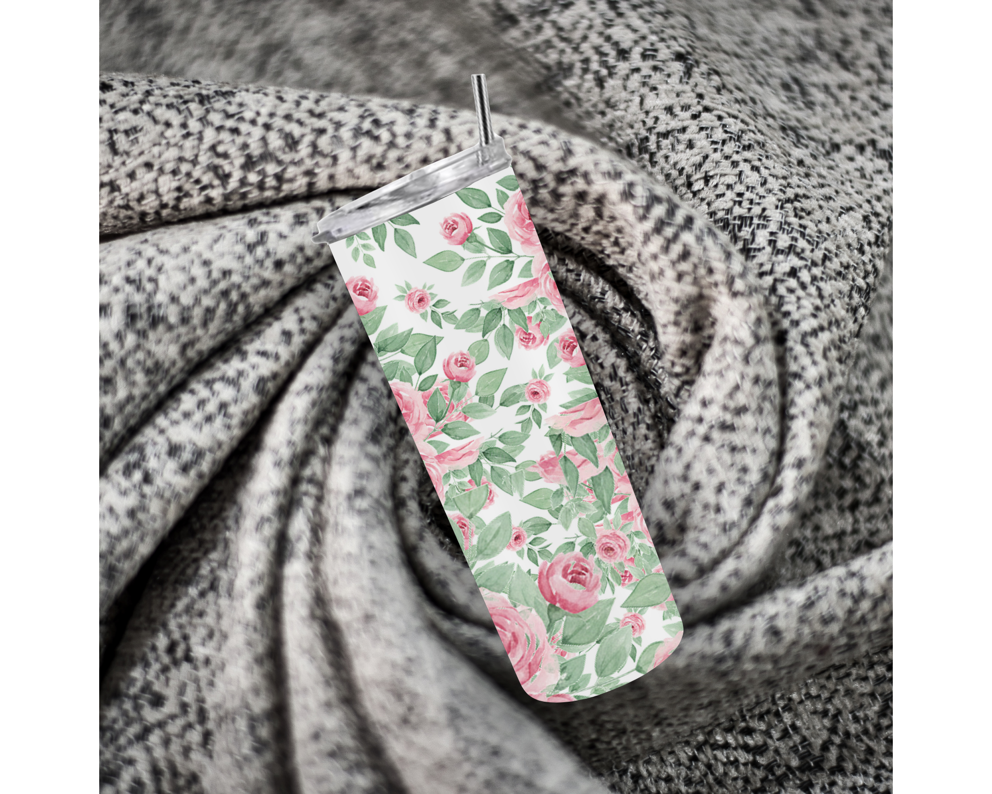 Pink Floral Rose 20oz Skinny Tumbler | Stainless Steel | Lid & Straw Included