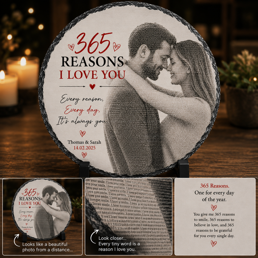 Round personalised photo slate made from love messages