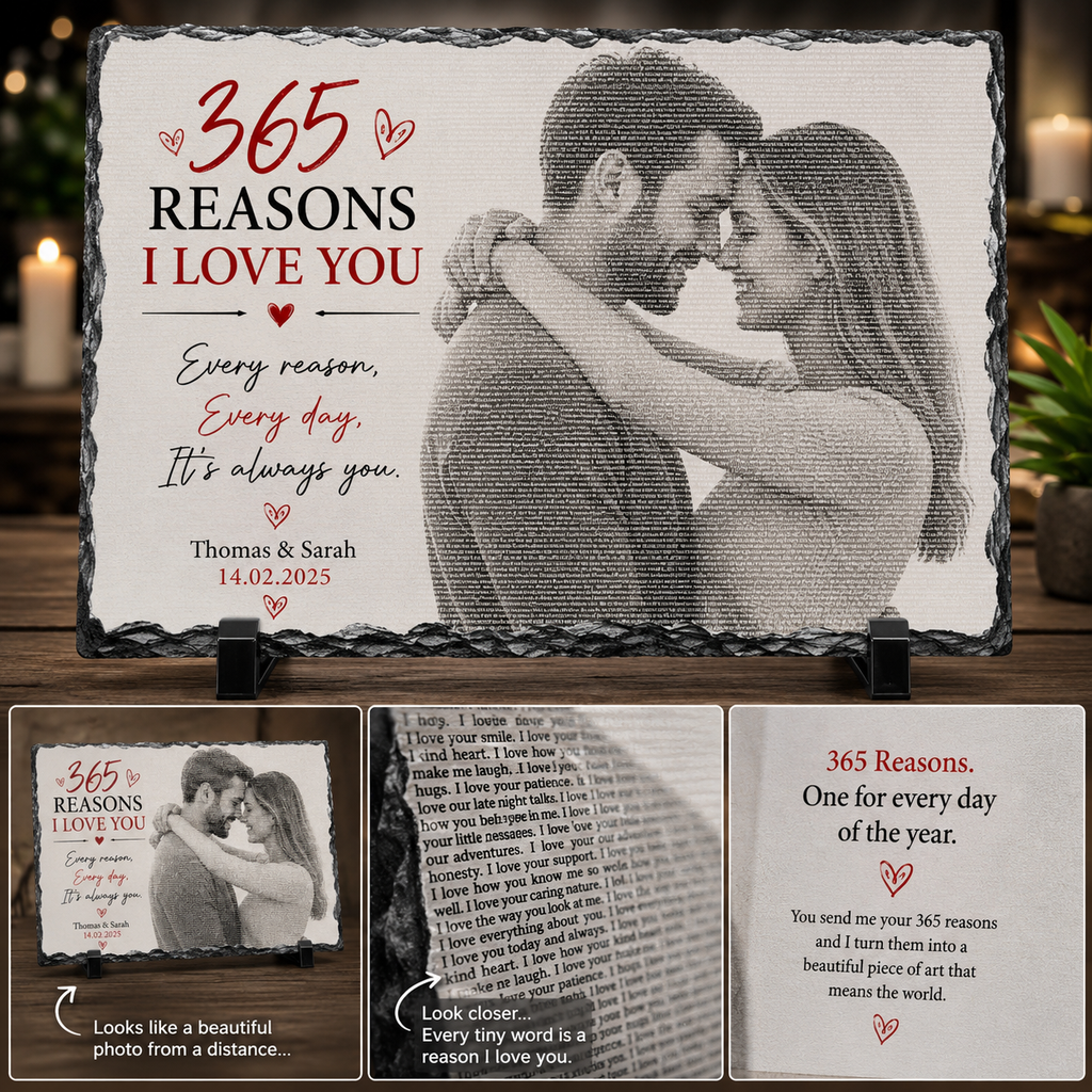 Personalised 365 Reasons I Love You Photo Slate made from custom words