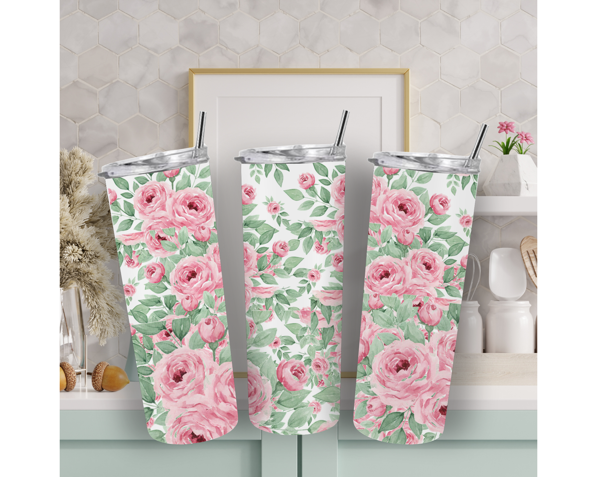 Pink Floral Rose 20oz Skinny Tumbler | Stainless Steel | Lid & Straw Included