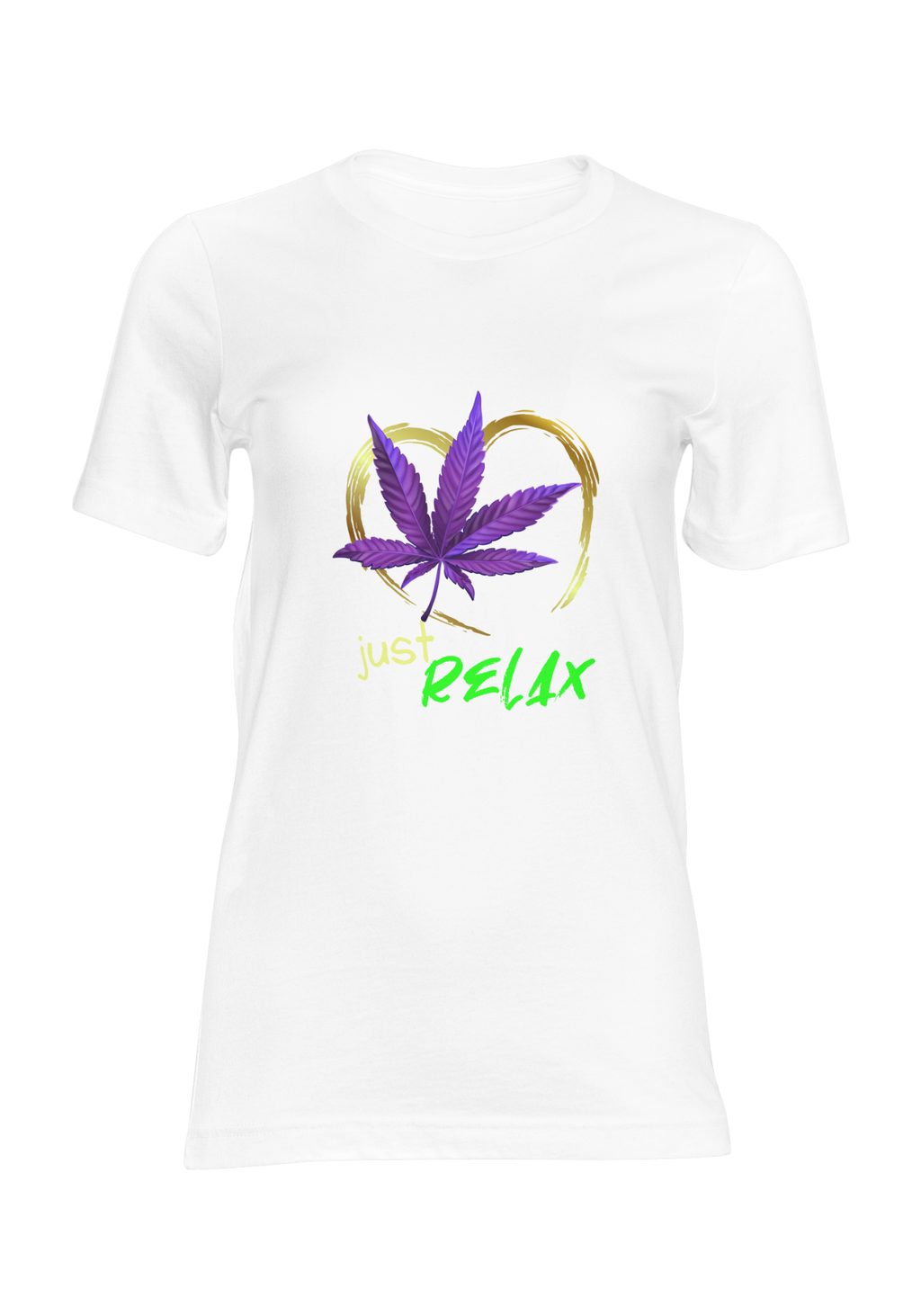White t-shirt studio mockup with Just Relax purple leaf heart graphic