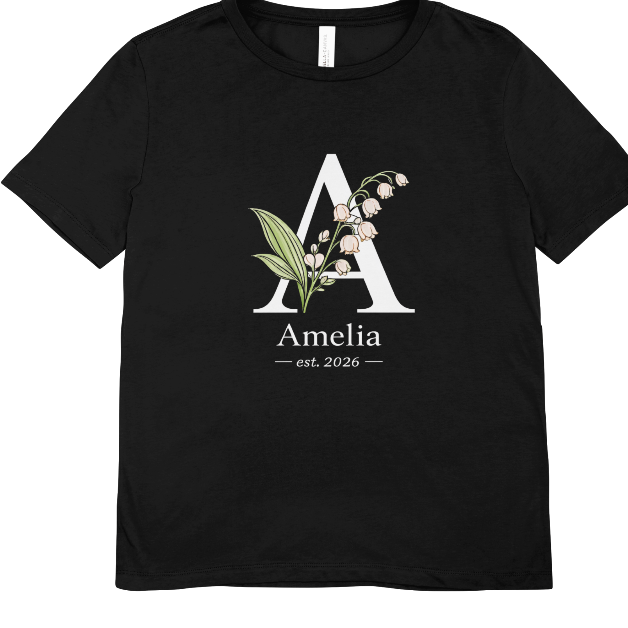 Black t-shirt front mockup personalised initial name est year