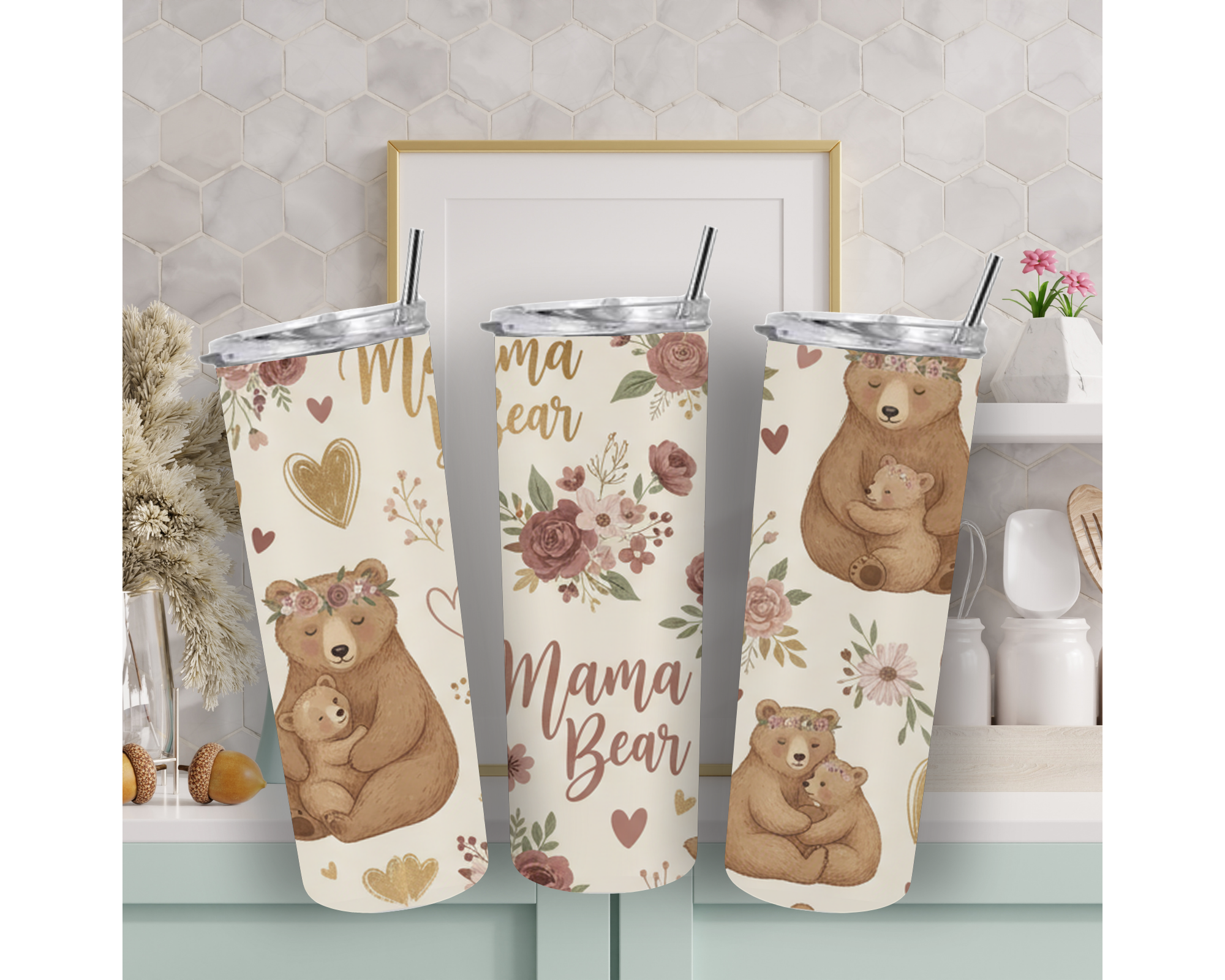 Mama Bear Skinny Tumbler – Floral Bear Gift for Mum