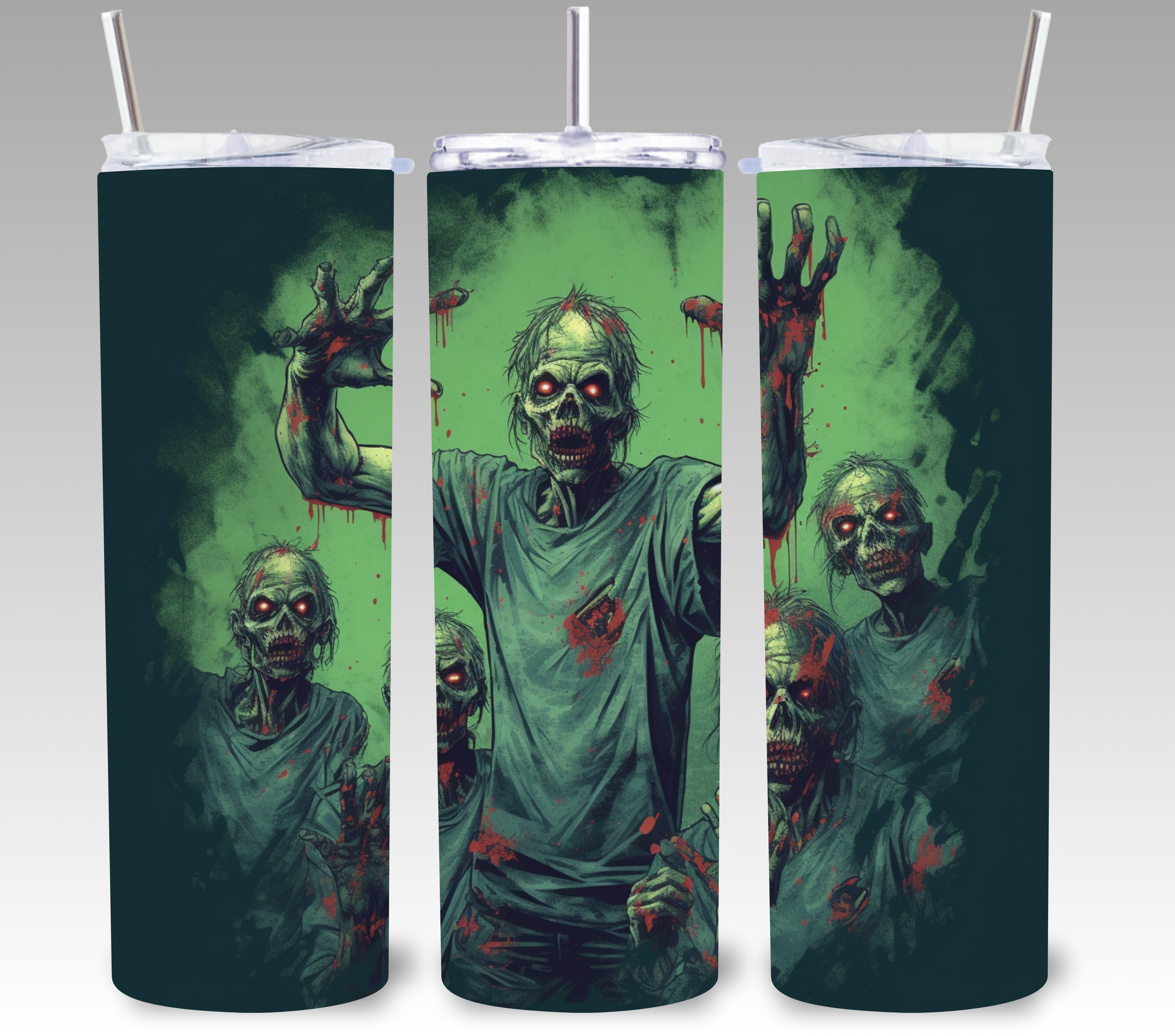 Three views of a tall insulated tumbler with a clear lid and metal straw, printed with a horror zombie graphic in green, gray, and red on a light gray background.