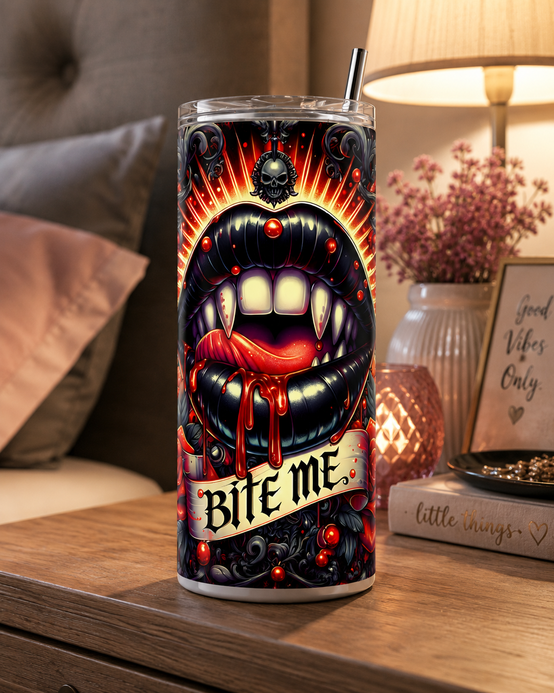 Bite Me Vampire Lips 20oz Skinny Tumbler – Gothic Horror Travel Cup