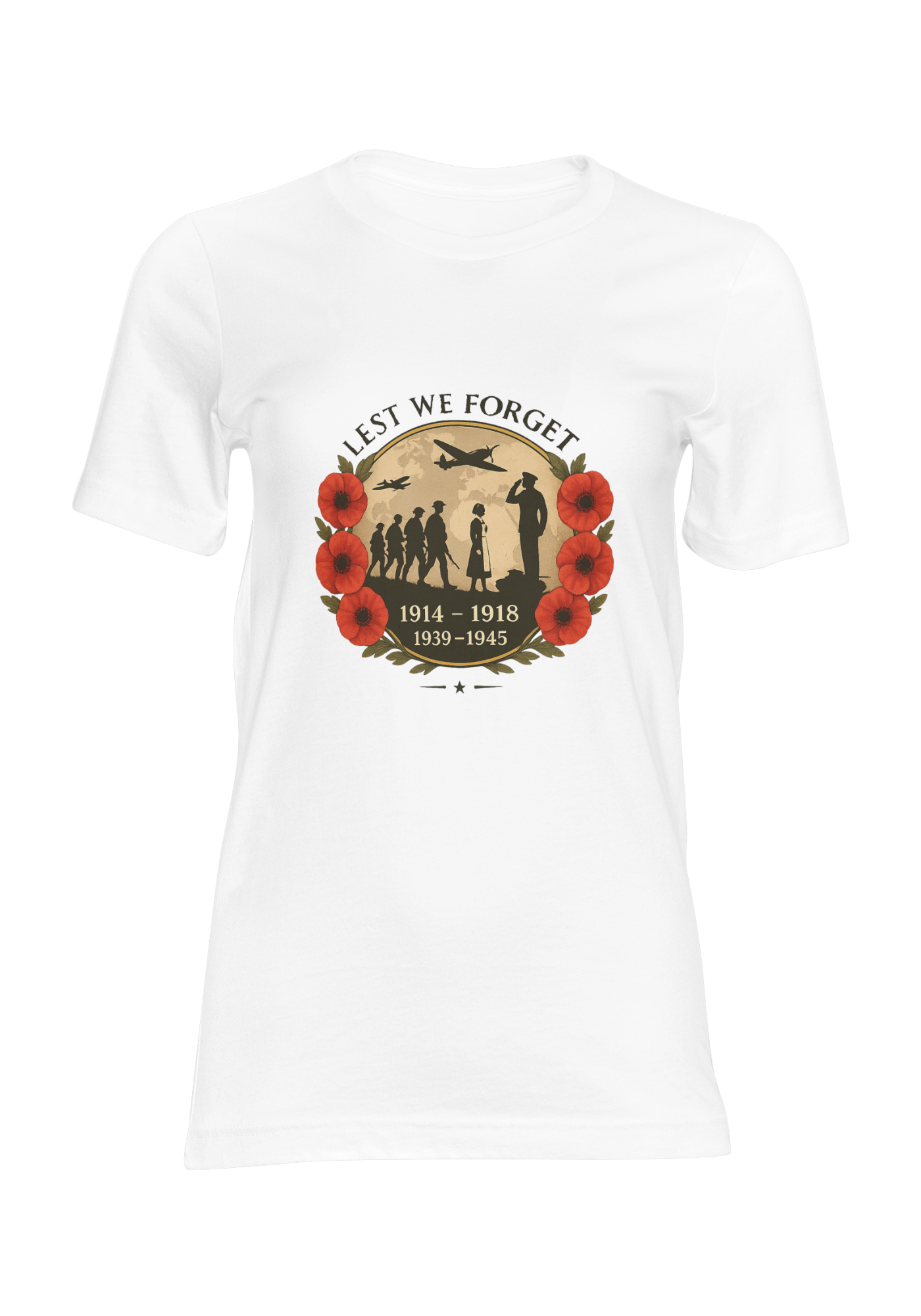 White T-shirt front view showing Lest We Forget poppy remembrance design