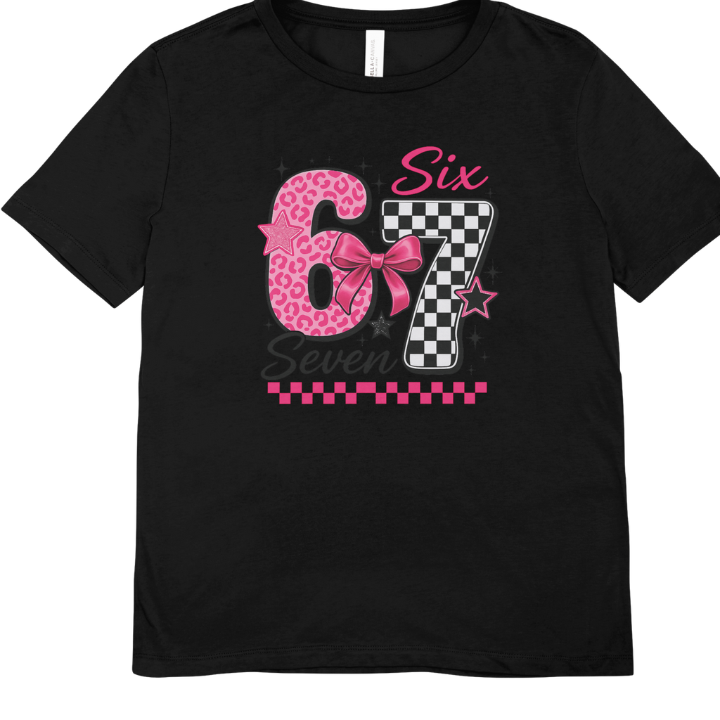 Kids Pink 67 Leopard Check graphic on black t-shirt