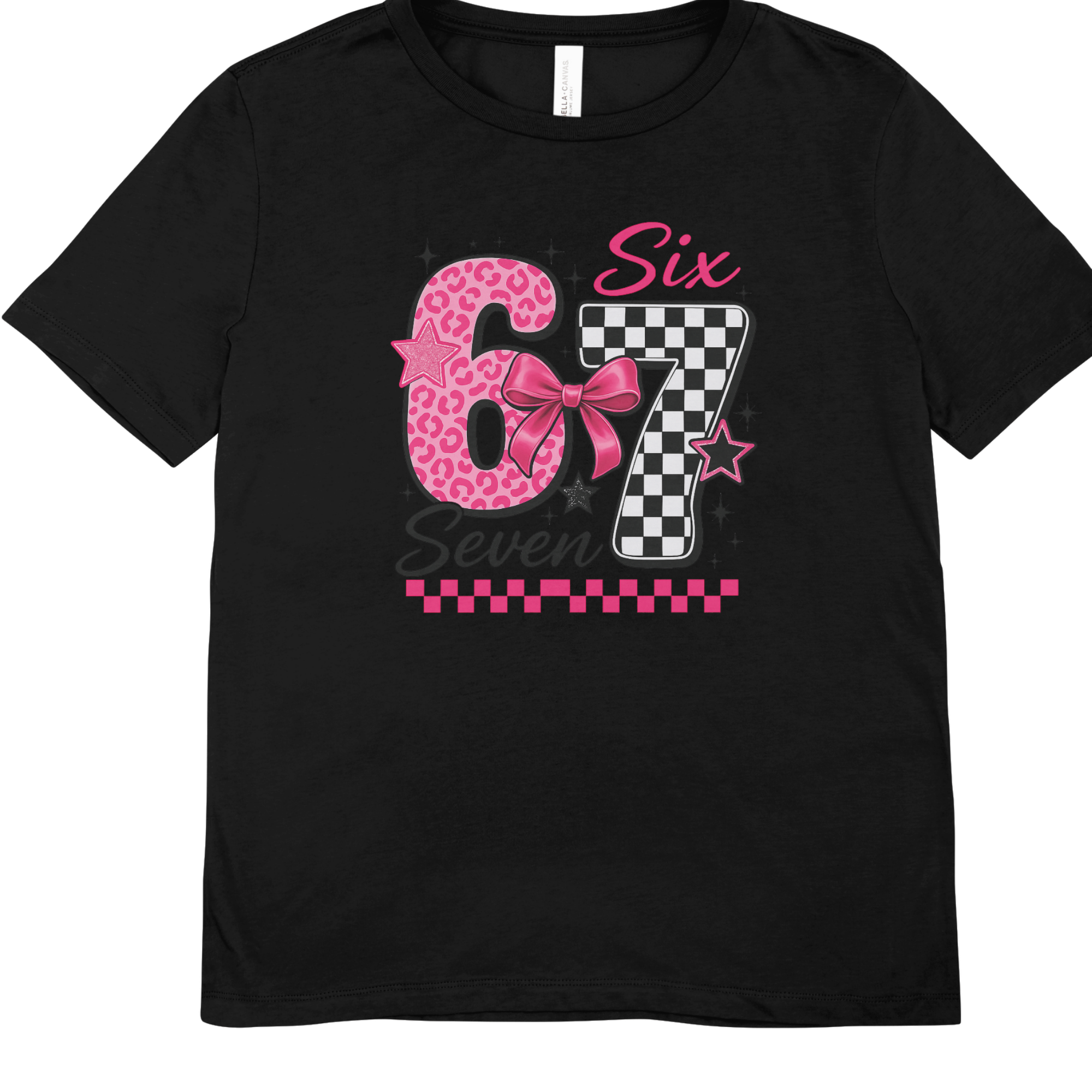 Kids Pink 67 Leopard Check graphic on black t-shirt