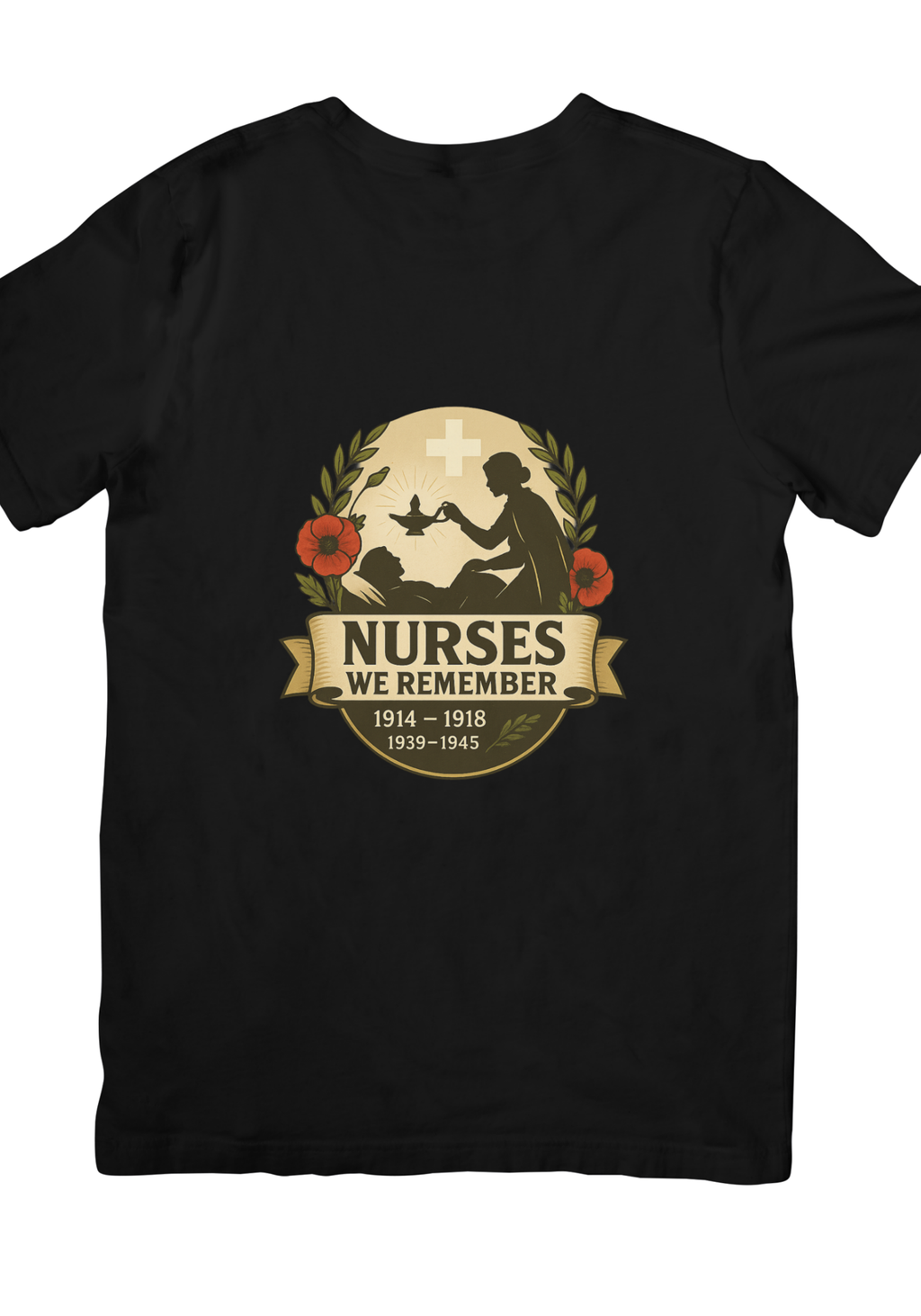 Black t-shirt angled view Nurses We Remember poppy wreath remembrance design