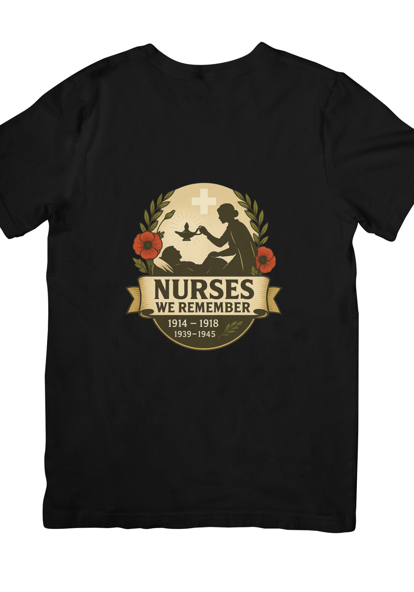 Black t-shirt angled view Nurses We Remember poppy wreath remembrance design