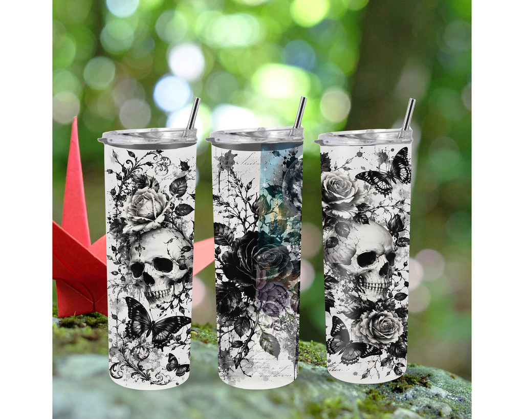 Gothic Skull Rose & Butterfly 20oz Tumbler with Straw