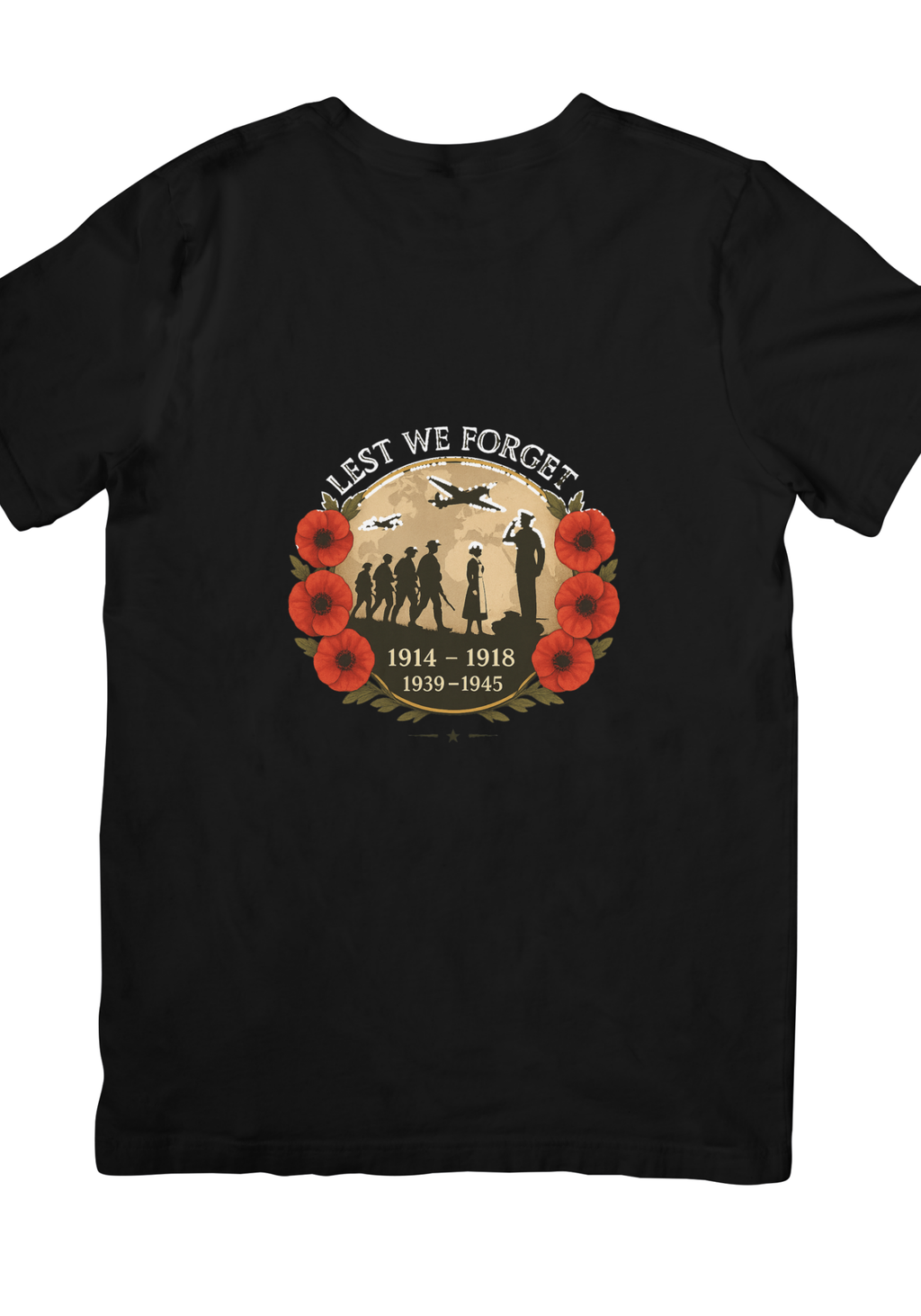 Black T-shirt angled view with Lest We Forget poppy remembrance print