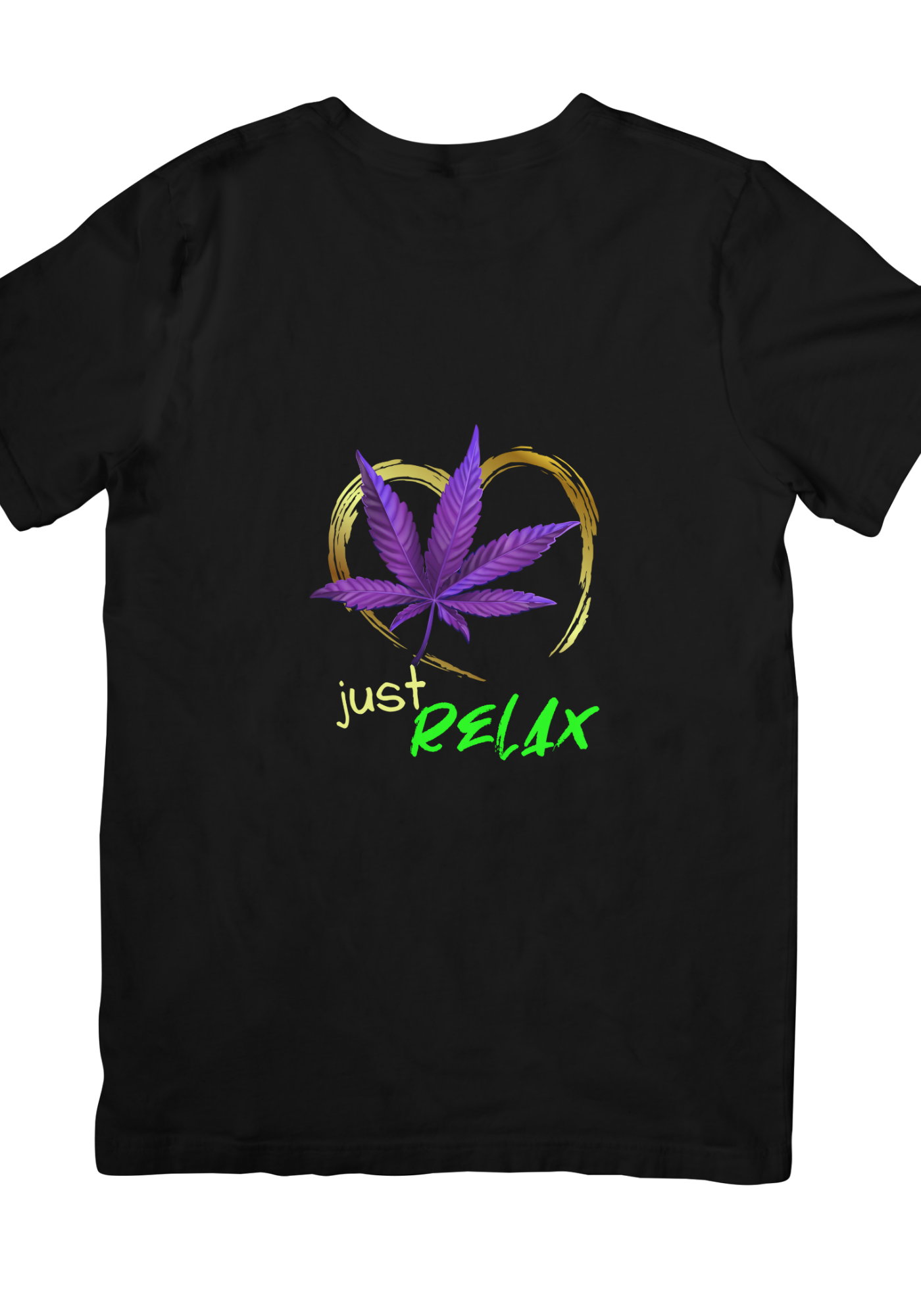 Black t-shirt mockup with Just Relax purple leaf heart graphic (front)