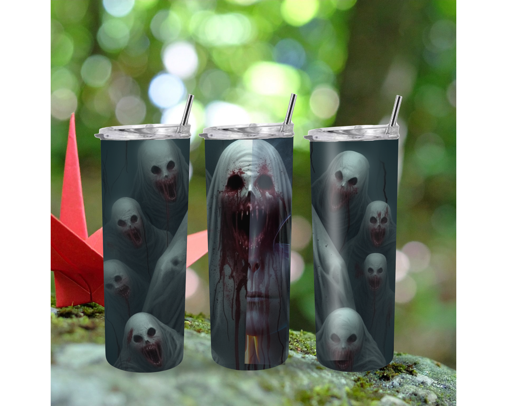Horror Ghost 20oz Skinny Tumbler with Straw – Scary Halloween Travel Cup