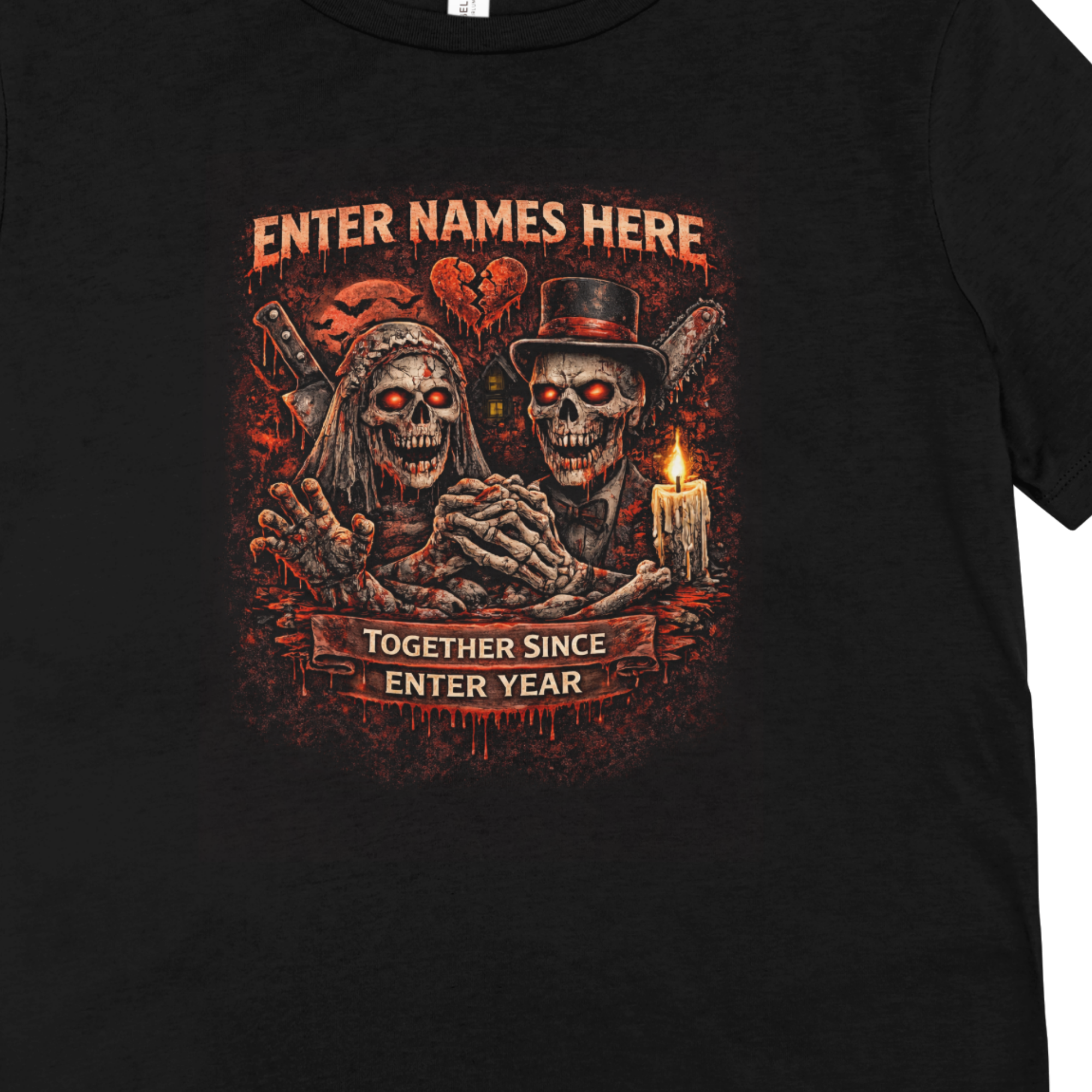 Personalised skeleton couple t-shirt design with candle and “together since” banner