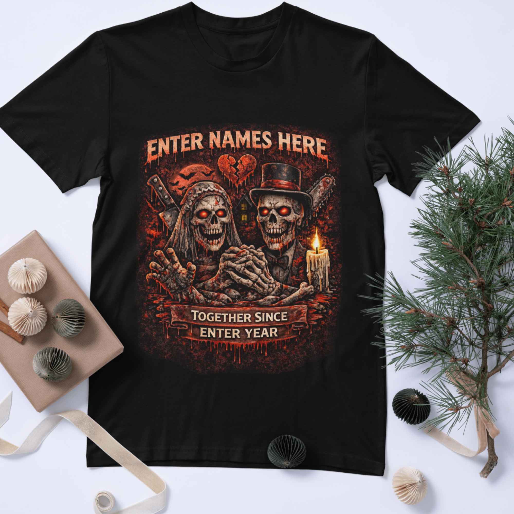Flat lay black t-shirt personalised skeleton couple custom names year