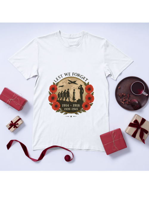 White T-shirt mockup with Lest We Forget poppy remembrance design (WW1 WW2 years)
