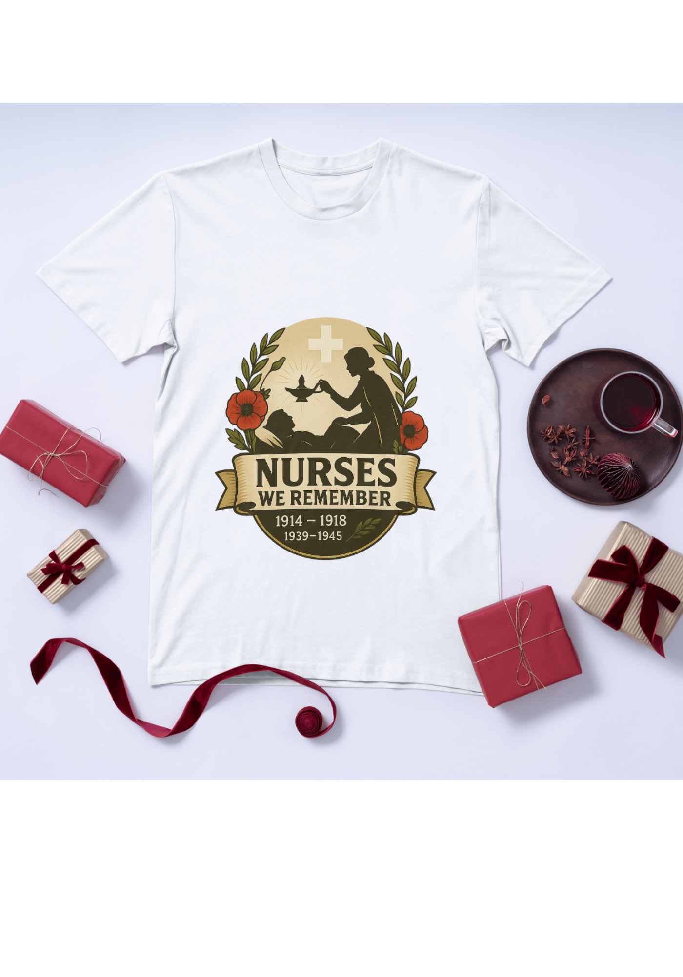 White t-shirt lifestyle flatlay Nurses We Remember remembrance design