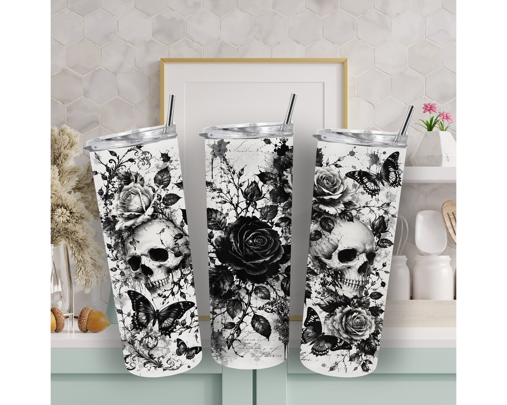 Gothic Skull Rose & Butterfly 20oz Tumbler with Straw