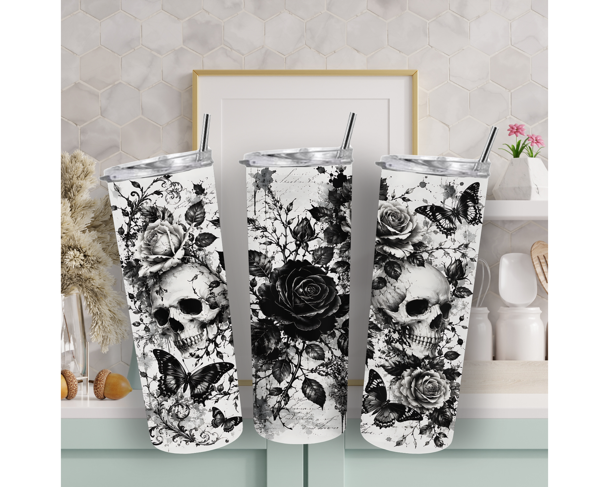 Gothic Skull Rose & Butterfly 20oz Tumbler with Straw