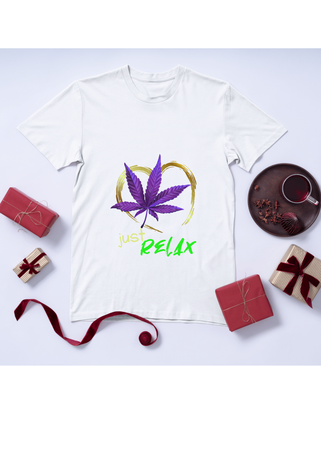 White t-shirt flatlay mockup with Just Relax purple leaf heart graphic