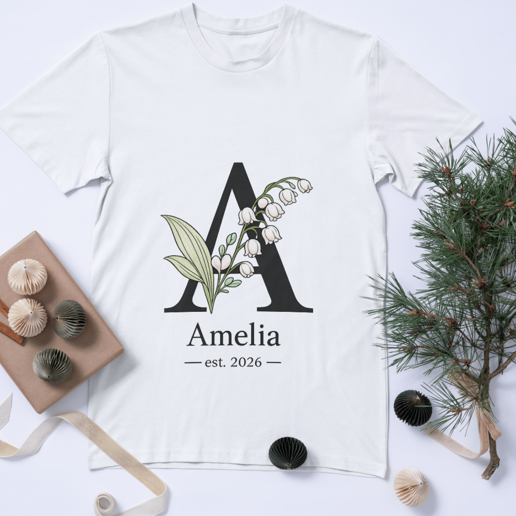 White flatlay t-shirt personalised floral initial name est year