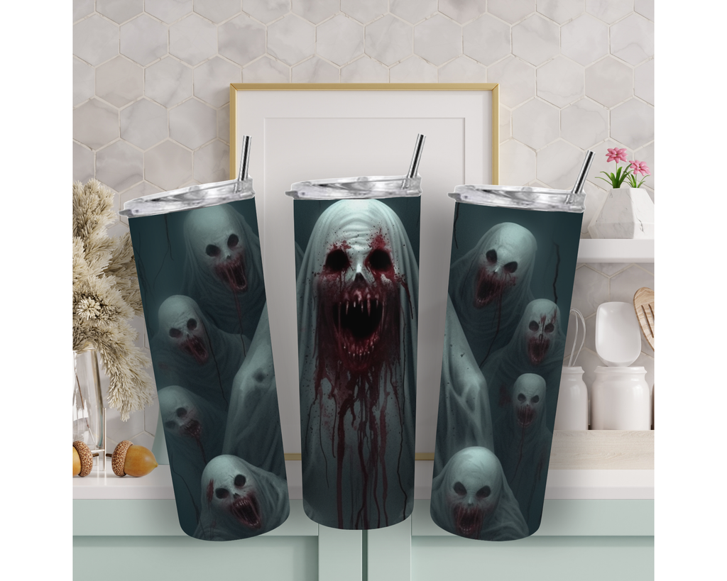 Horror Ghost 20oz Skinny Tumbler with Straw – Scary Halloween Travel Cup